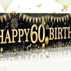 Happy 60th Birthday Banner - Black and Gold Party Decoration